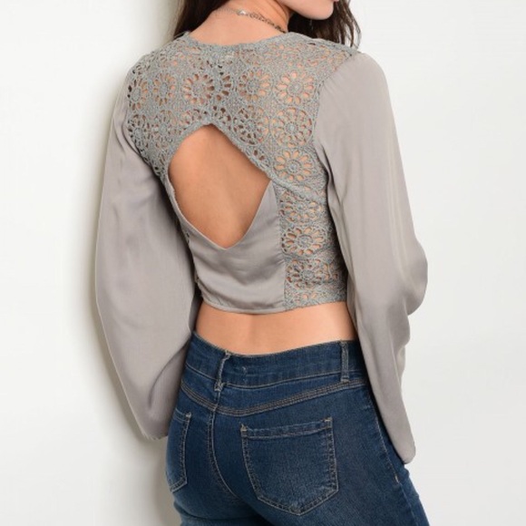 ❗️CLOSING SALE❗️ Grey Crochet Long Sleeve Crop Top - Picture 3 of 3